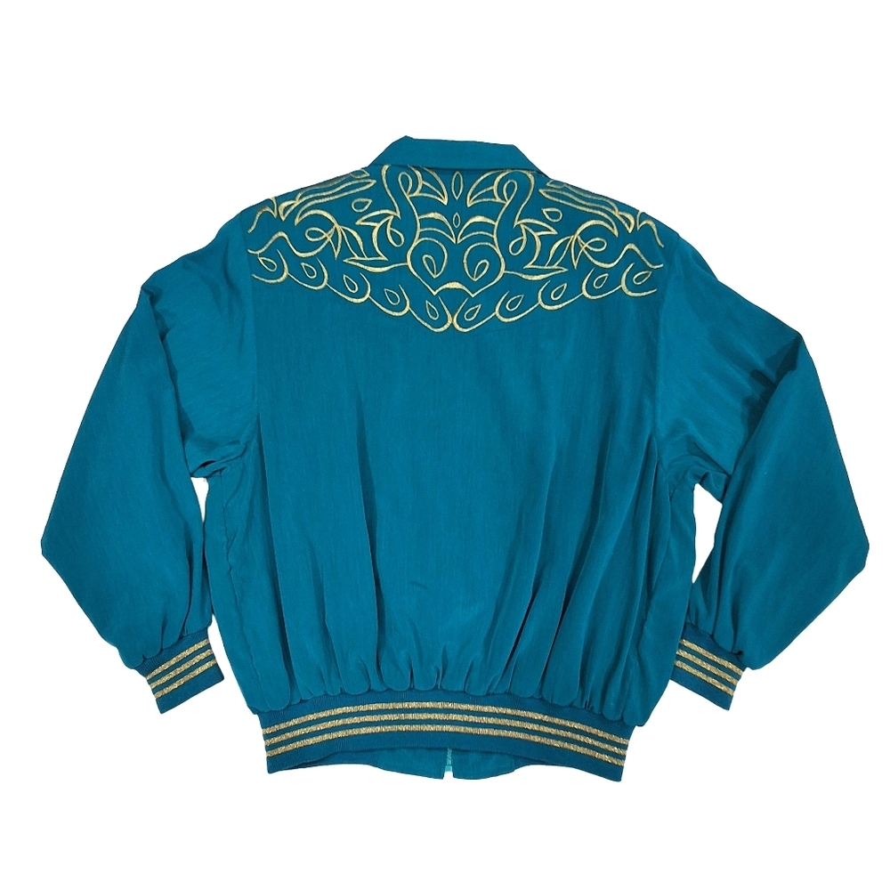 Mighty~VTG 80s Women's Bomber Jacket~Bold Teal Blue~Embroidered Gold~Eclectic - Picture 3 of 6